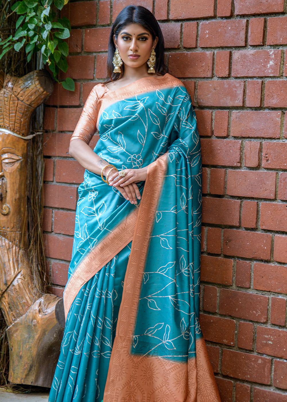 Buy MySilkLove Metallic Seaweed Blue Printed Cotton Silk Saree Online