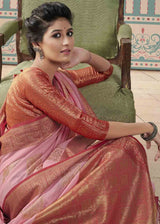 Shilo Pink and Red Zari Woven Linen Saree