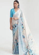 Ivory Pearl White and Blue Printed Saree