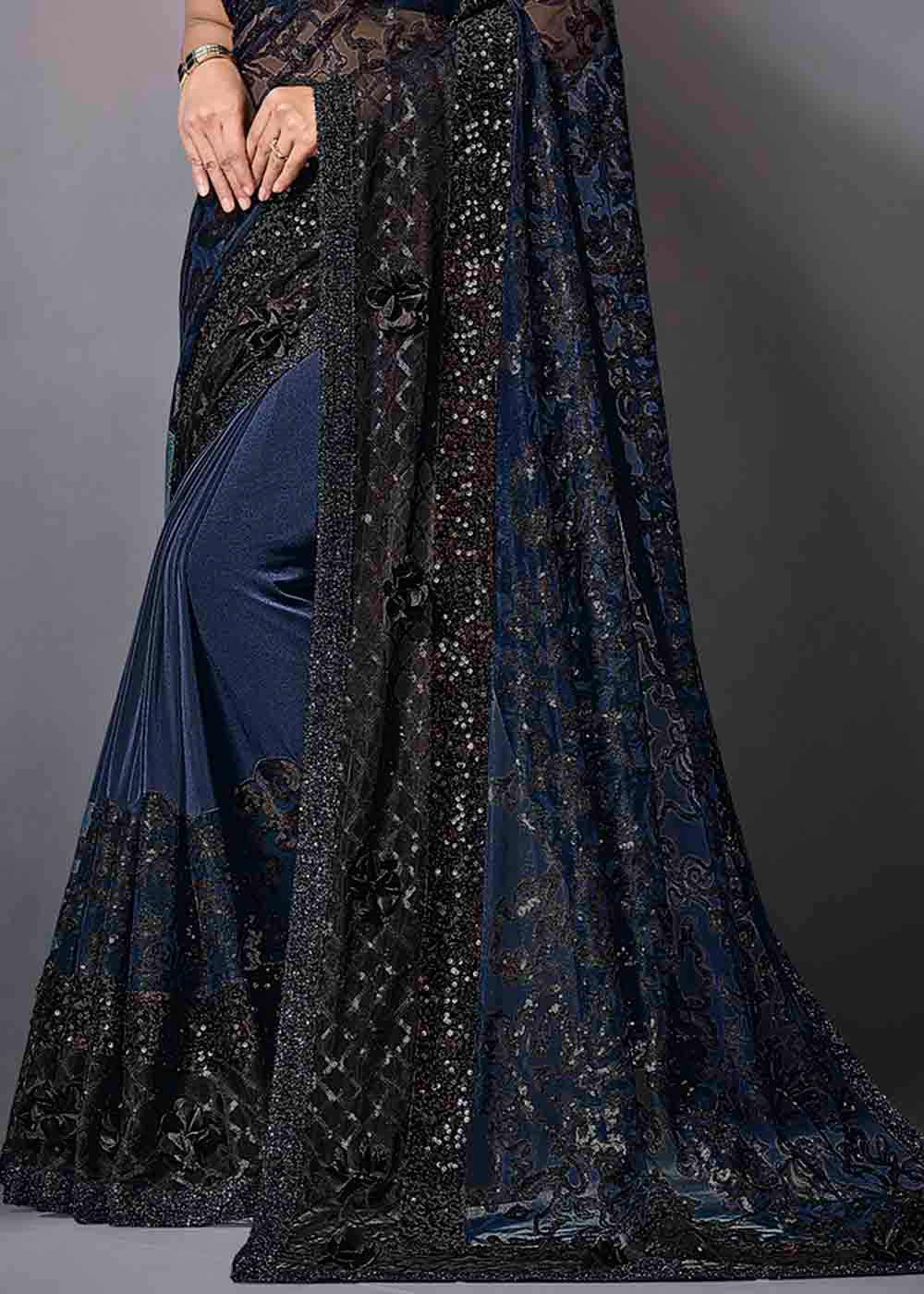 Buy MySilkLove Ebony Blue Designer Lycra Saree with Embroidery Work Online