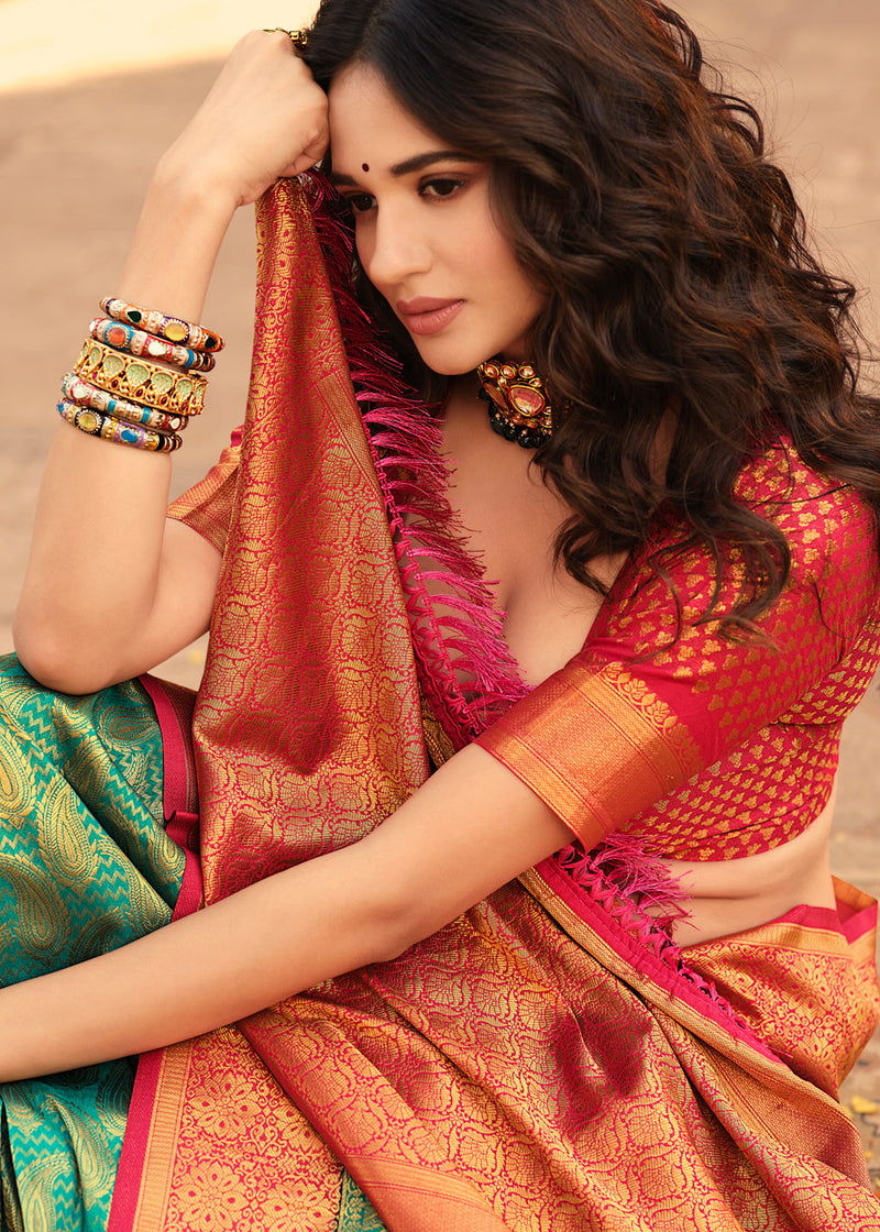 Viridian Green and Red Zari Woven Kanjivaram Saree