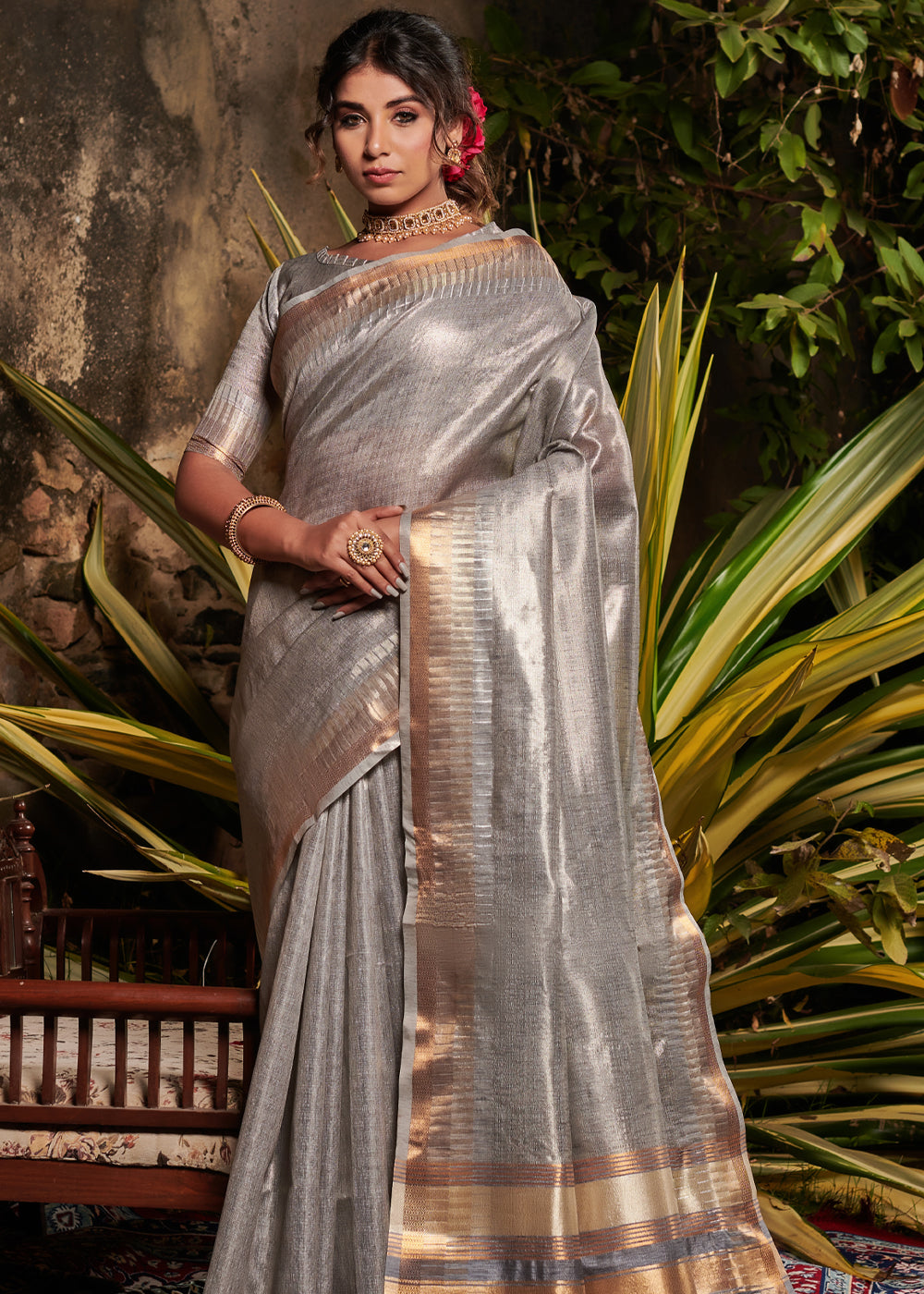 Buy MySilkLove Schooner Grey Woven Tussar Silk Saree Online