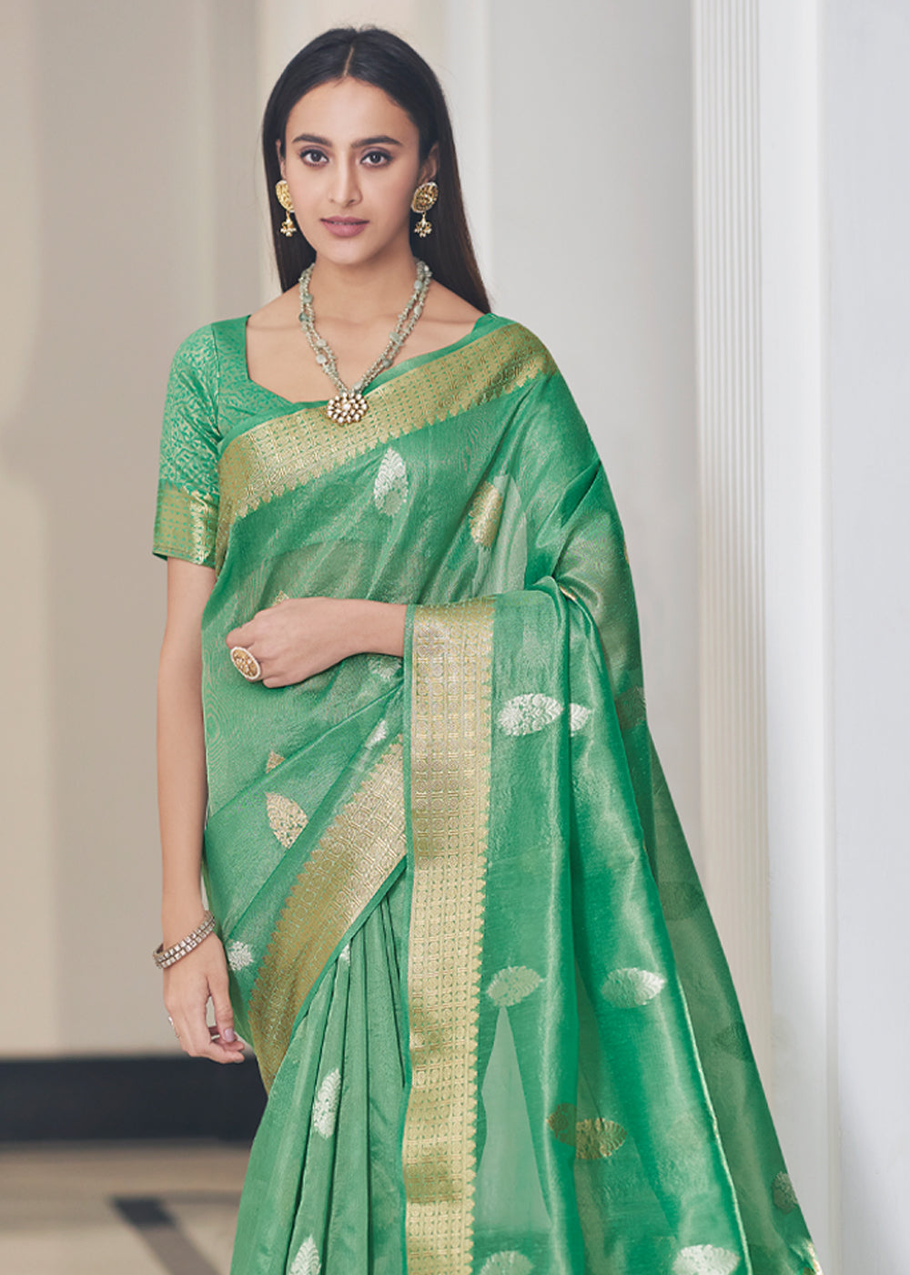 Buy MySilkLove Forest Green Zari Woven Tissue Banarasi Silk Saree Online