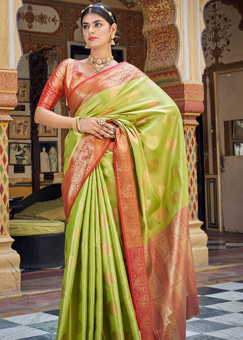 Tacha Green Woven Banarasi Barcode Silk Saree