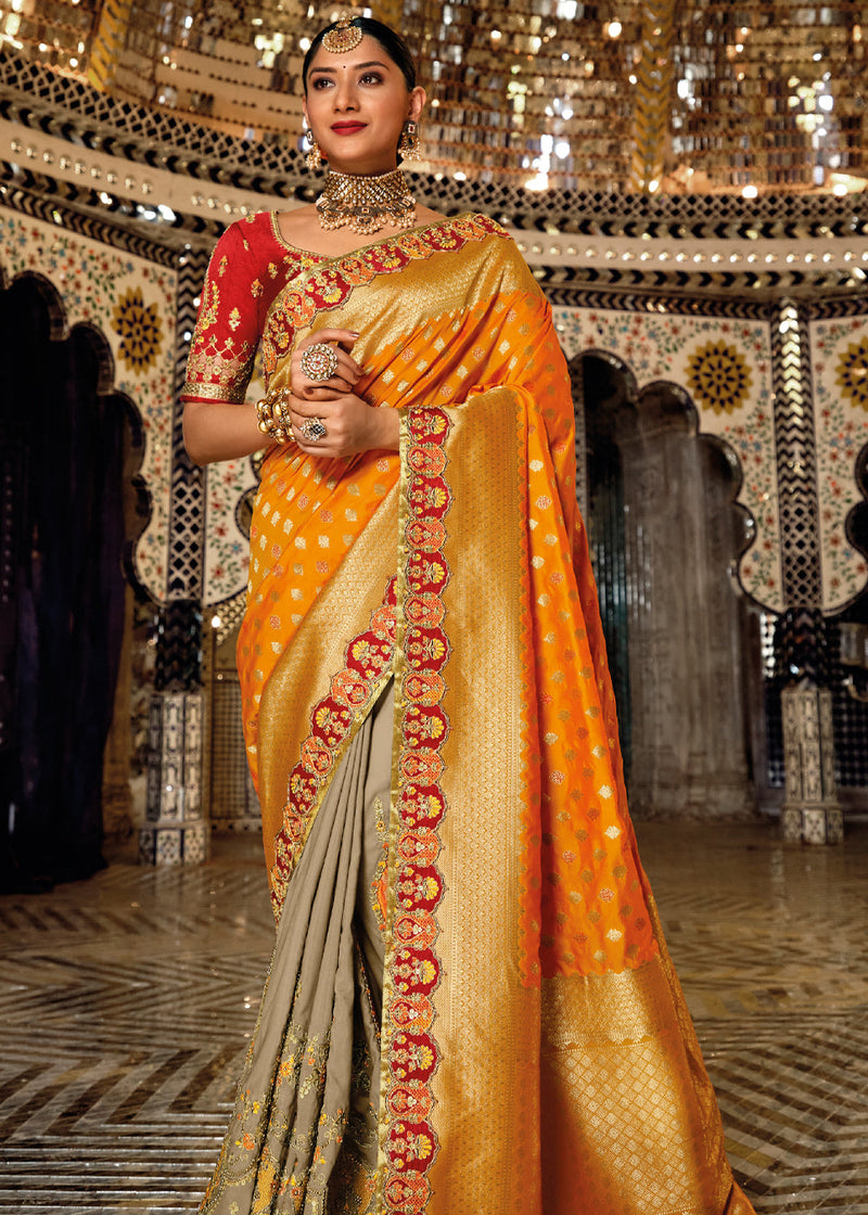 Pink Orange Golden Booti Soft Silk Banarasi Saree – Wearitage India