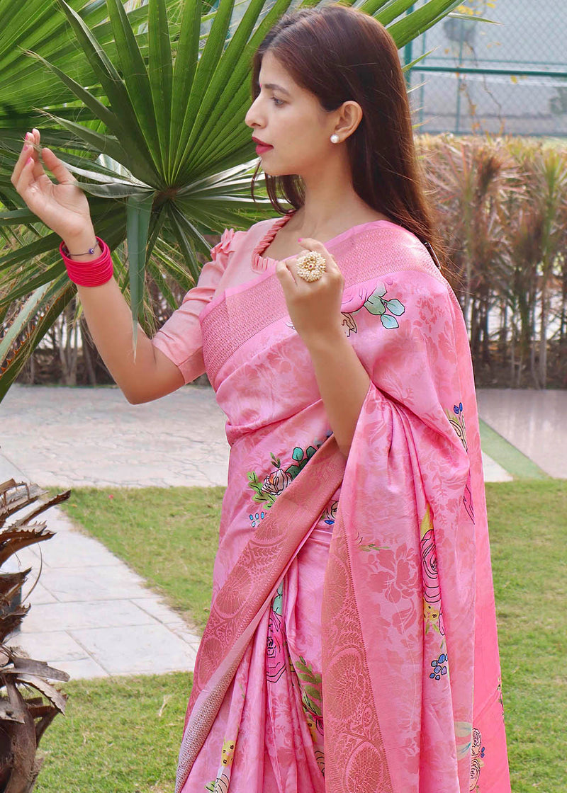 Lavender Pink Floral Printed Soft Silk Saree