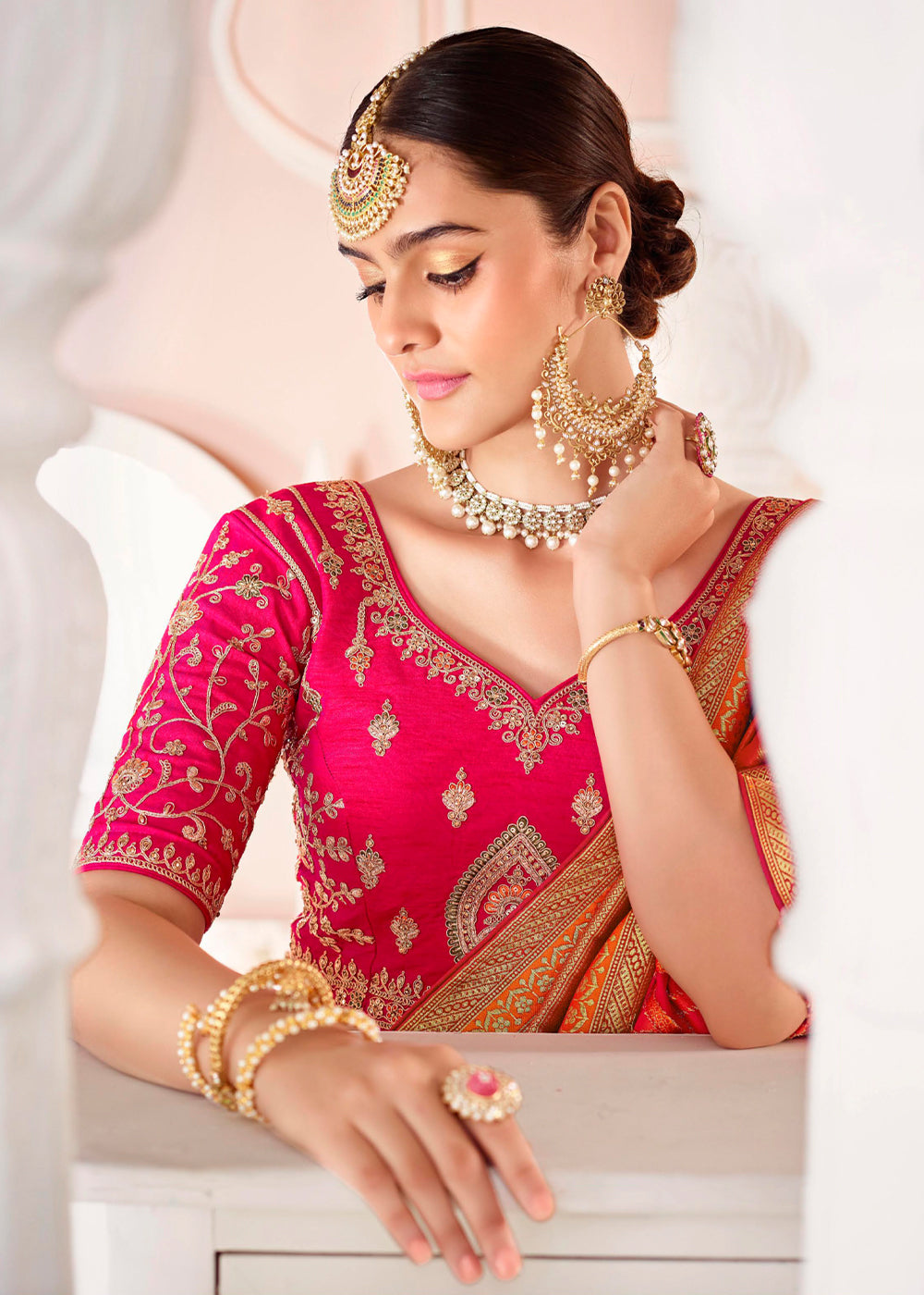 Buy MySilkLove Bittersweet Pink and Orange Zari Woven Banarasi Saree with Designer Blouse Online