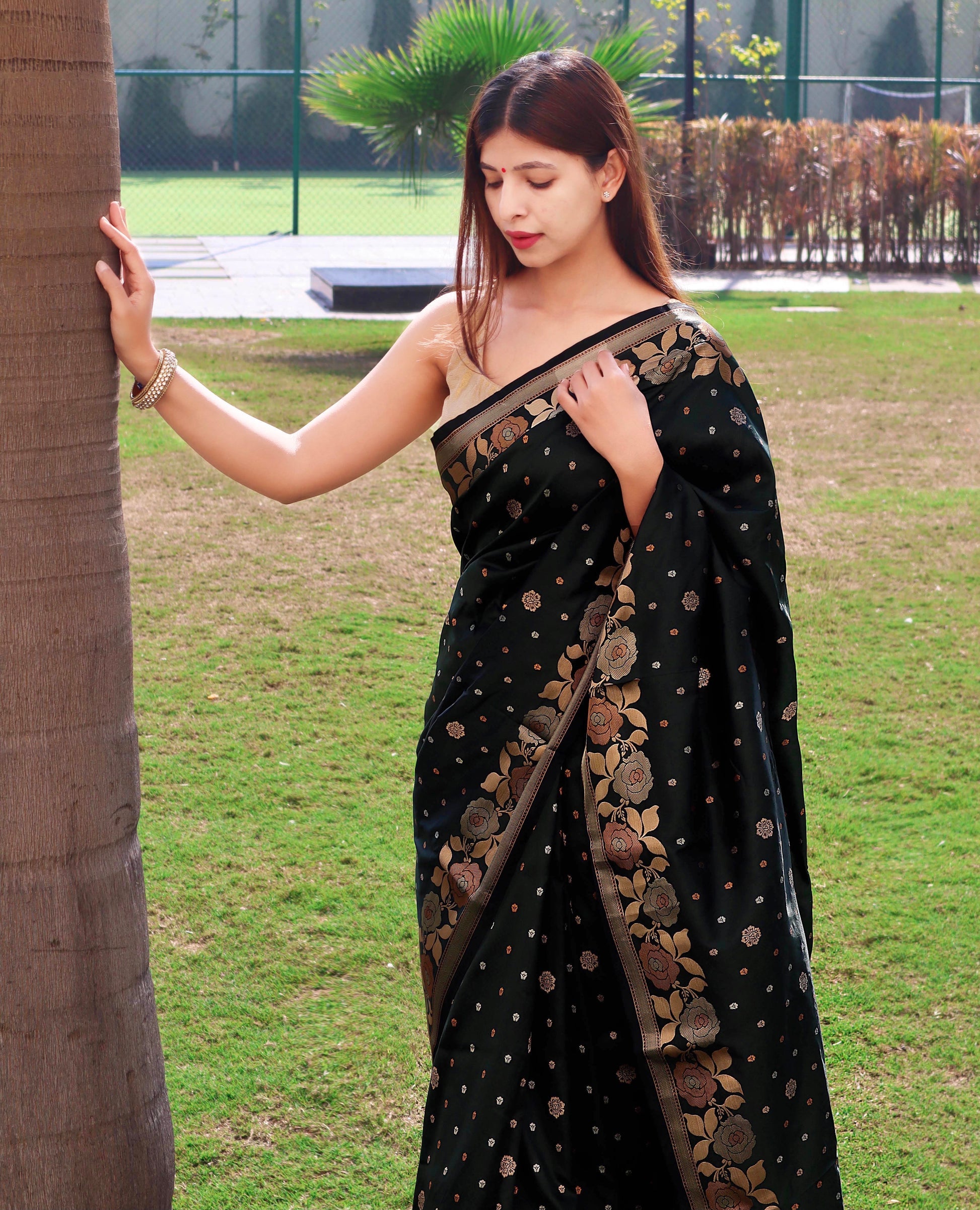 MySilkLove Black Bean Soft Silk Saree with Floral Woven Border and Pallu