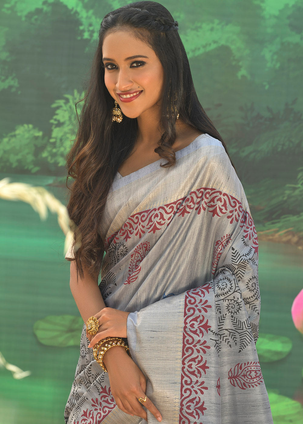 Buy MySilkLove Star Grey Cotton Silk Printed Saree Online