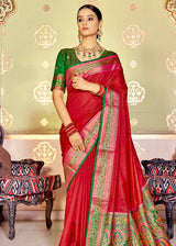 Valencia Red and Green Zari Woven Banarasi Soft Silk Saree