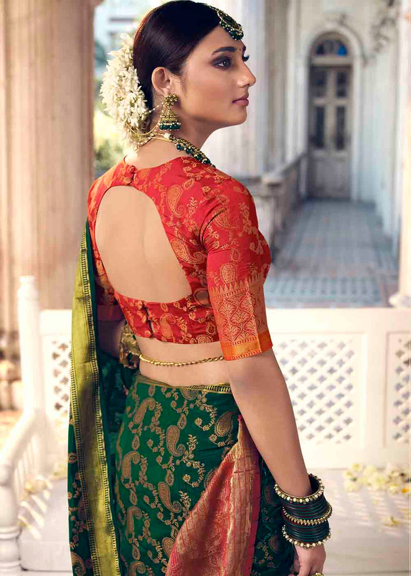 Everglade Green Zari Woven Banarasi Raw Silk Saree