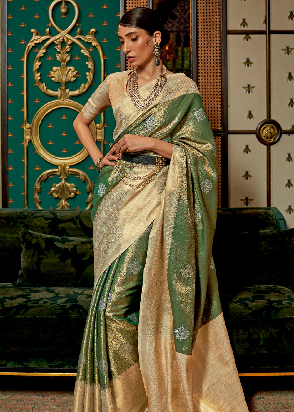 Buy MySilkLove Chalet Green Zari Woven Banarasi Tussar Saree Online