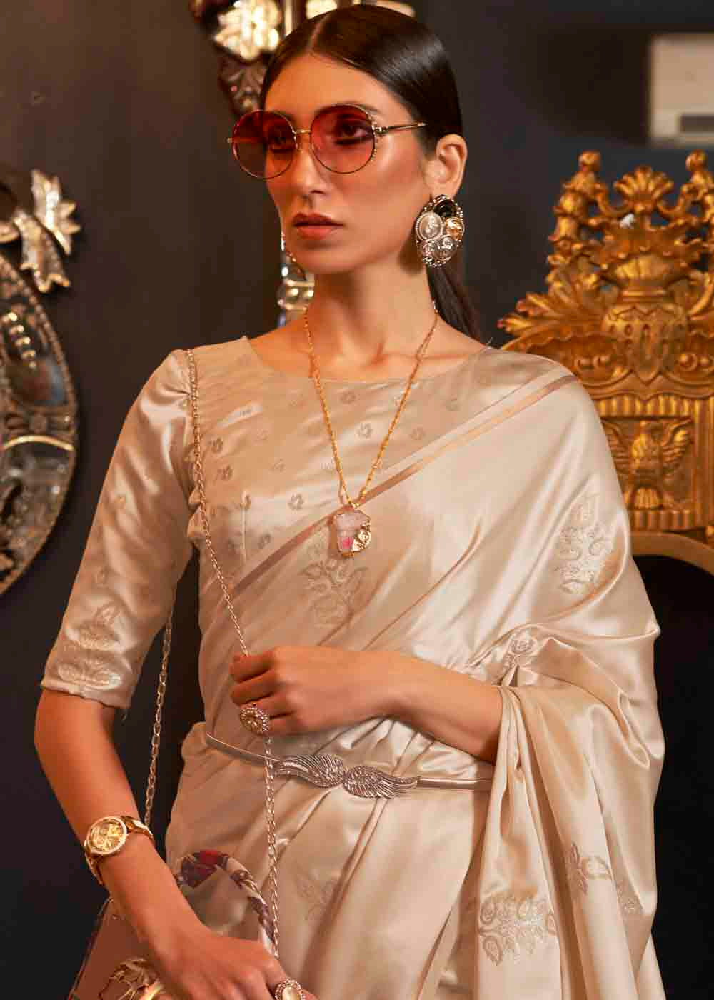 Buy MySilkLove Cameo Cream Zari Woven Banarasi Satin Silk Saree Online