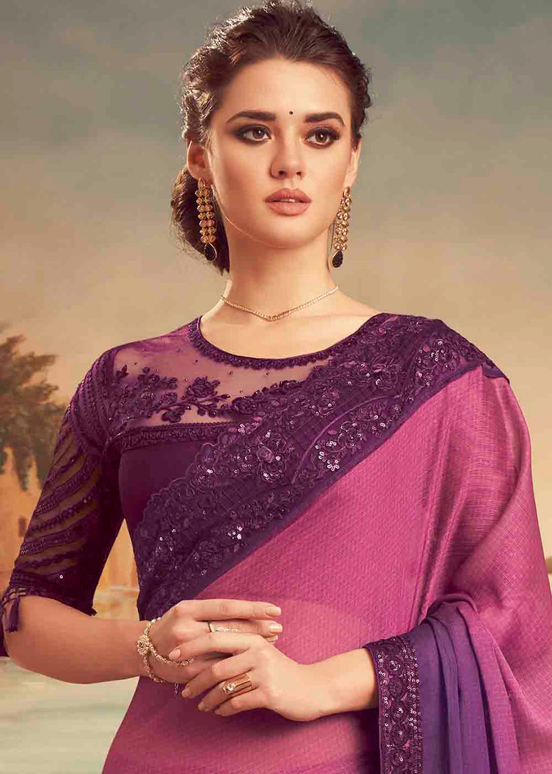 Camelot Pink Purple Embroidered Satin Silk Designer Saree