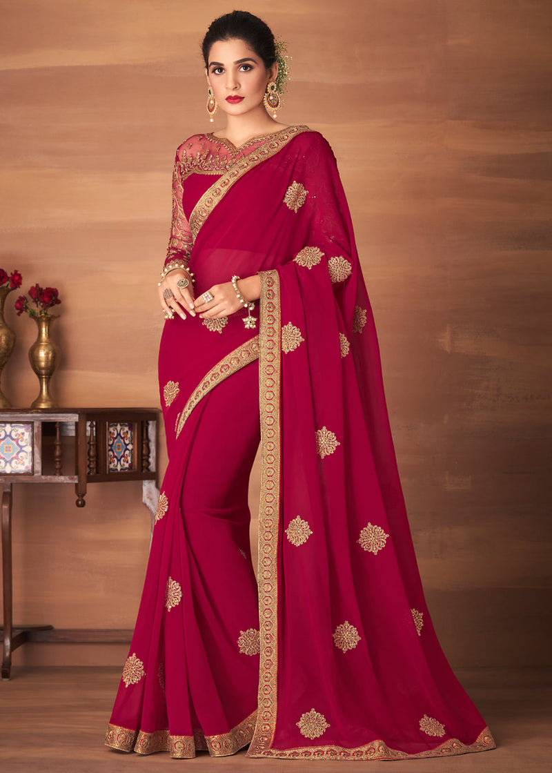 Sweet Brown Maroon Designer Saree with Embroidered Blouse