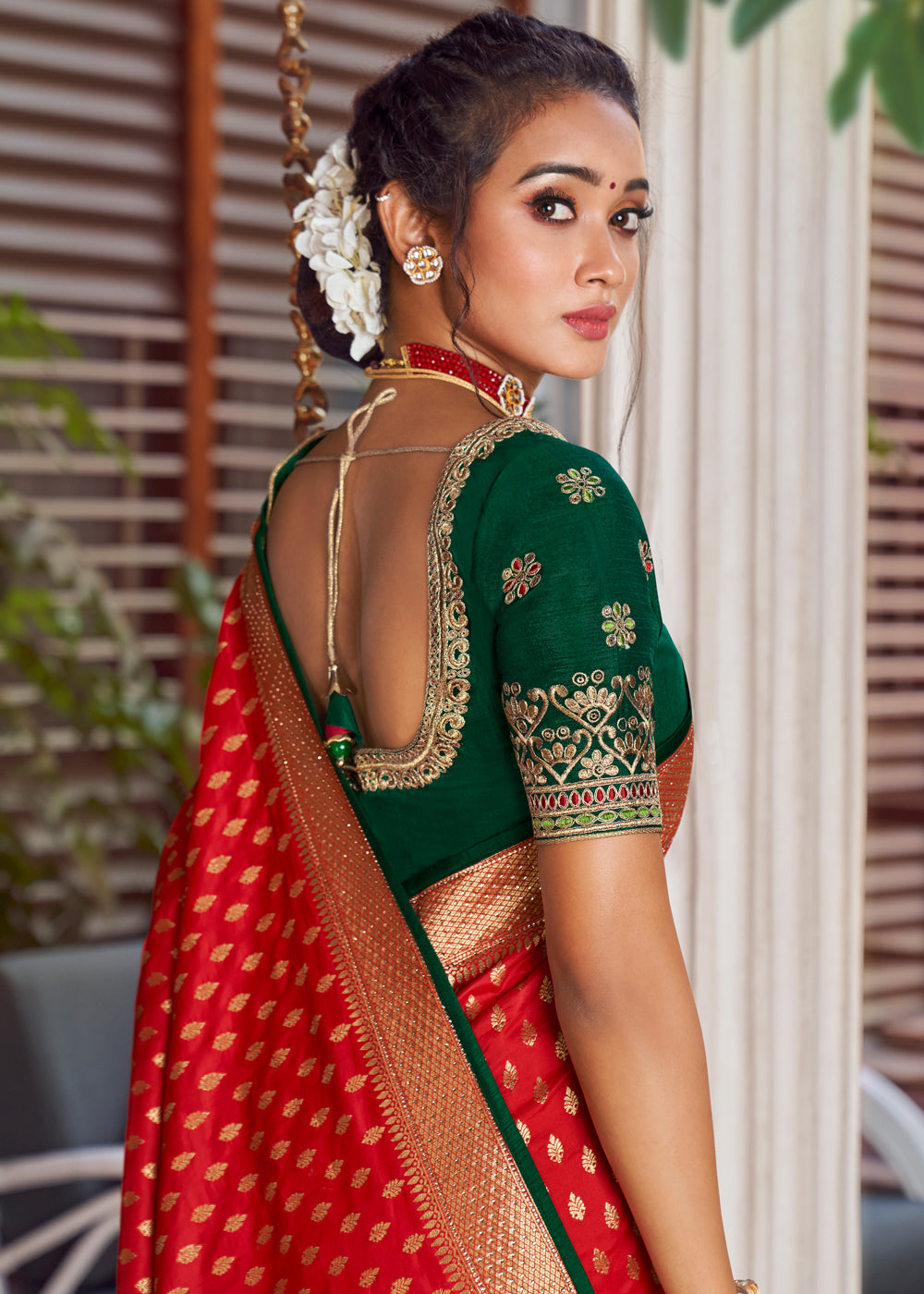 Buy MySilkLove Tomato Red and Green Zari Woven Banarasi Brocade Saree Online