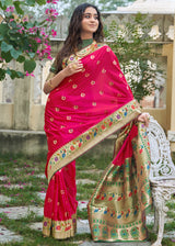 Watermelon Pink and Green Zari Woven Banarasi Paithani Saree