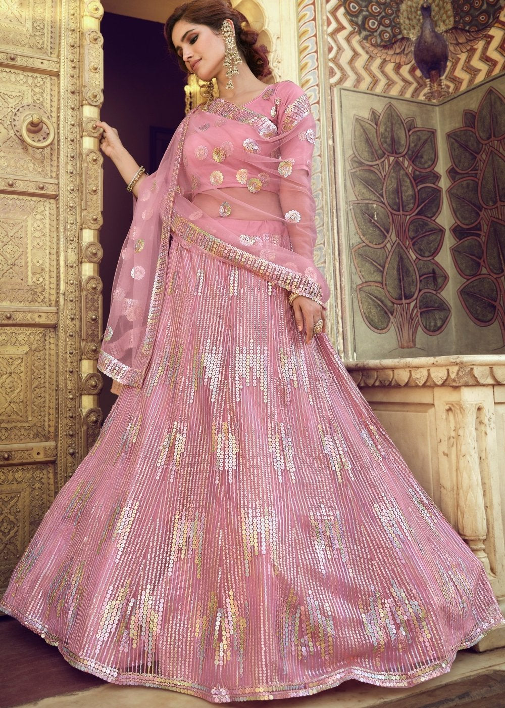 Buy MySilkLove Sundown Pink Soft Net Designer Lehenga Choli Online