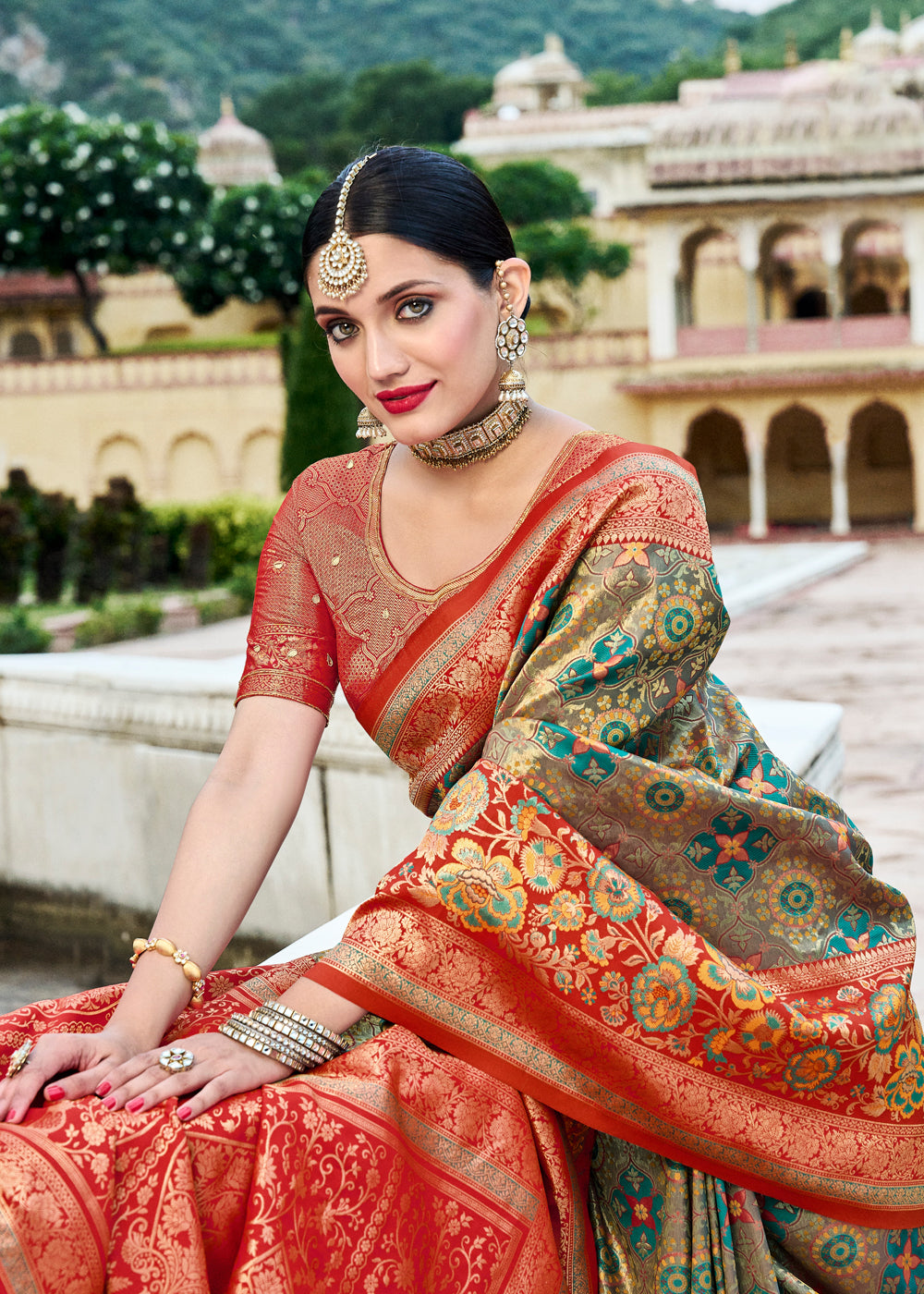 Buy MySilkLove Sage Green and Red Designer Banarasi Saree Online