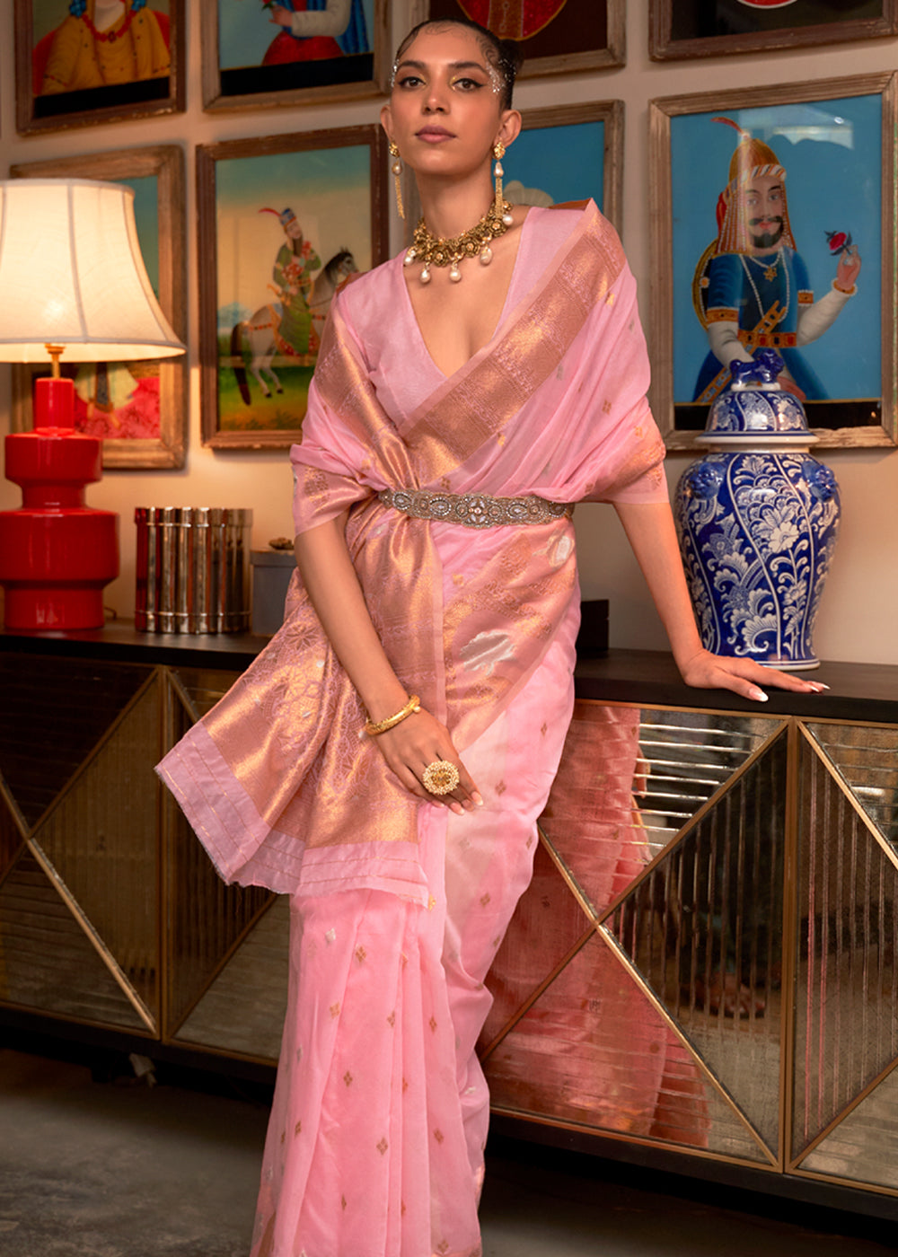 Buy MySilkLove Sundown Pink Zari Woven Banarasi Organza Saree Online