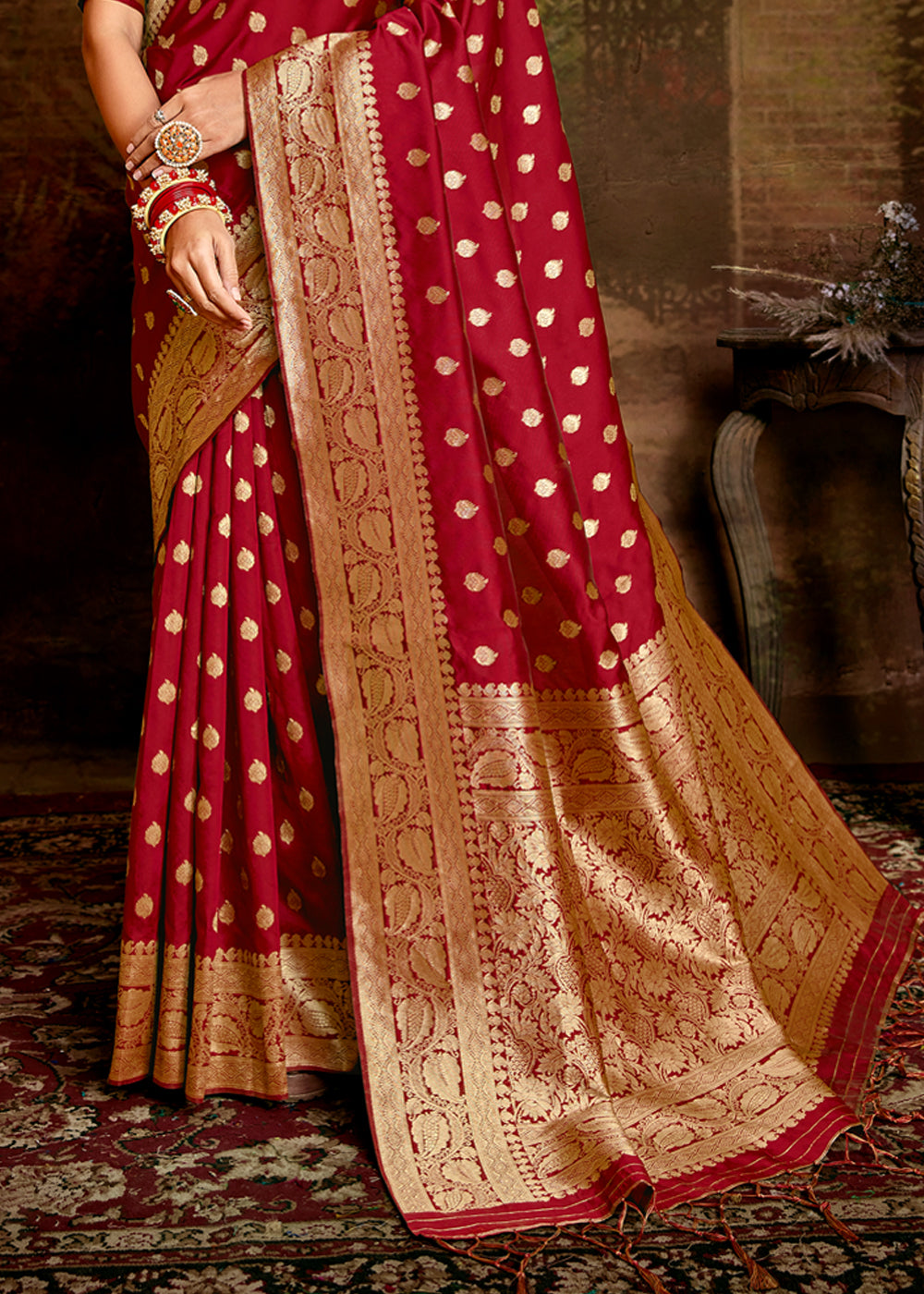 Buy MySilkLove Sweet Red Zari Woven Banarasi Jamdani Silk Saree Online