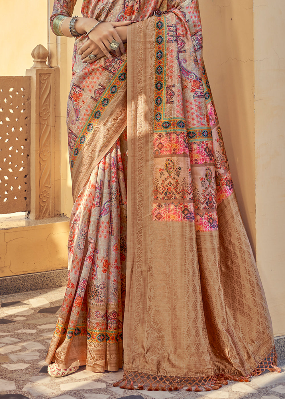 Buy MySilkLove Brass Pink and Brown Digital Printed Jacquard Silk Saree Online