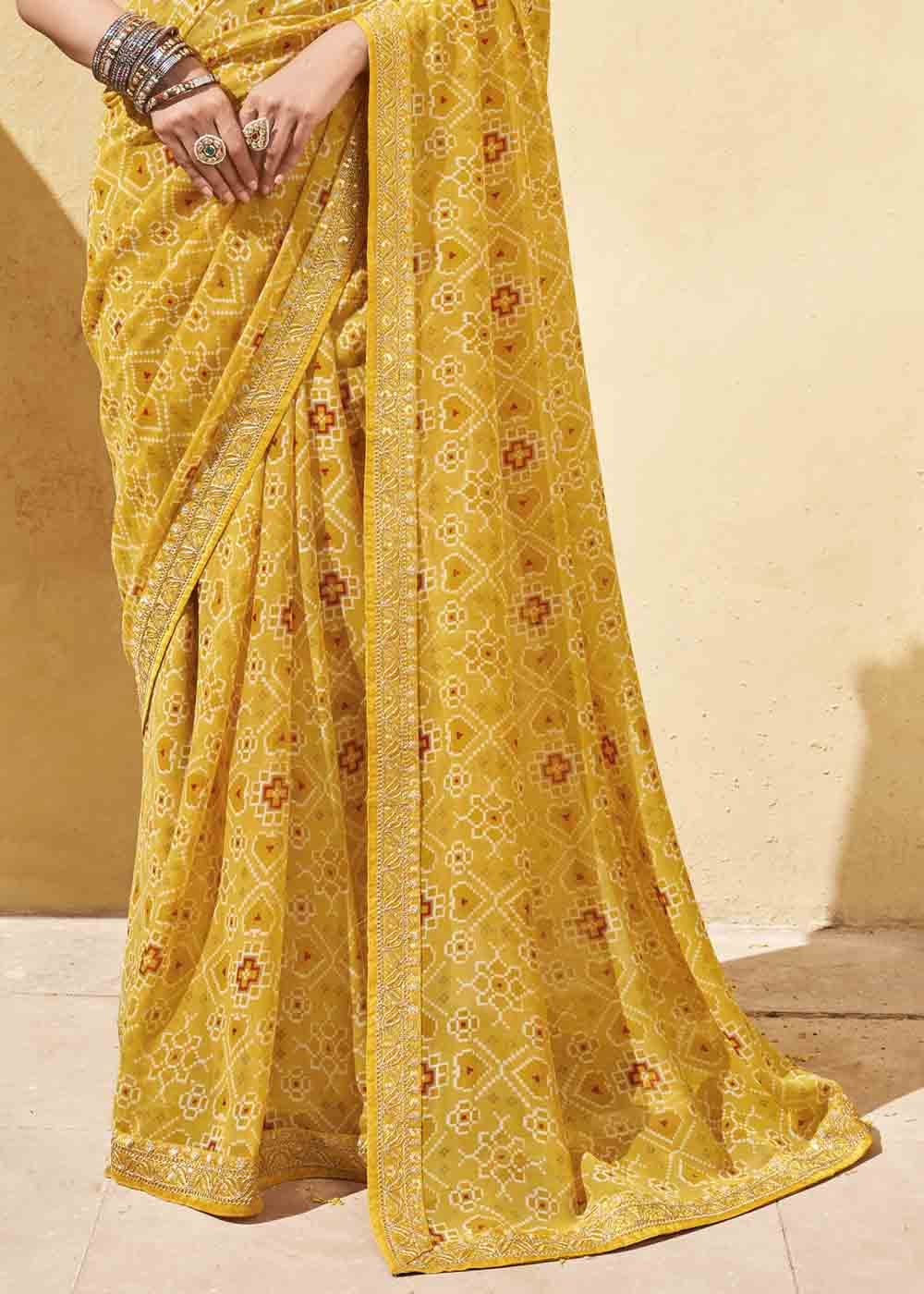 Buy MySilkLove Bourbon Yellow Patola Print Georgette Saree With Embroidered Blouse Online