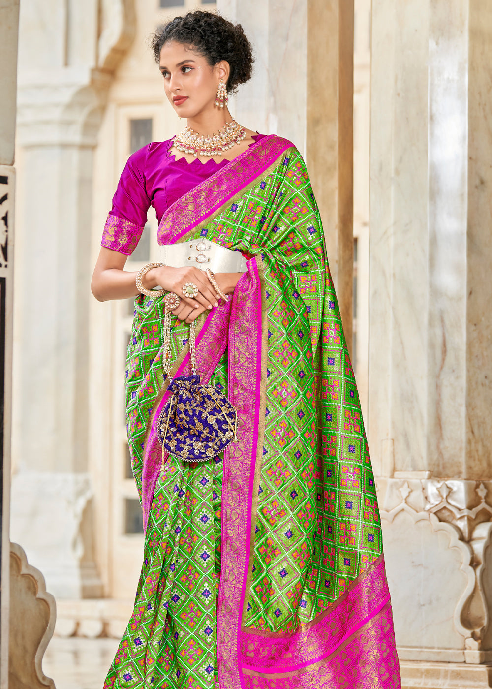 Buy MySilkLove Sushi Green and Pink Zari Woven Patola Saree Online