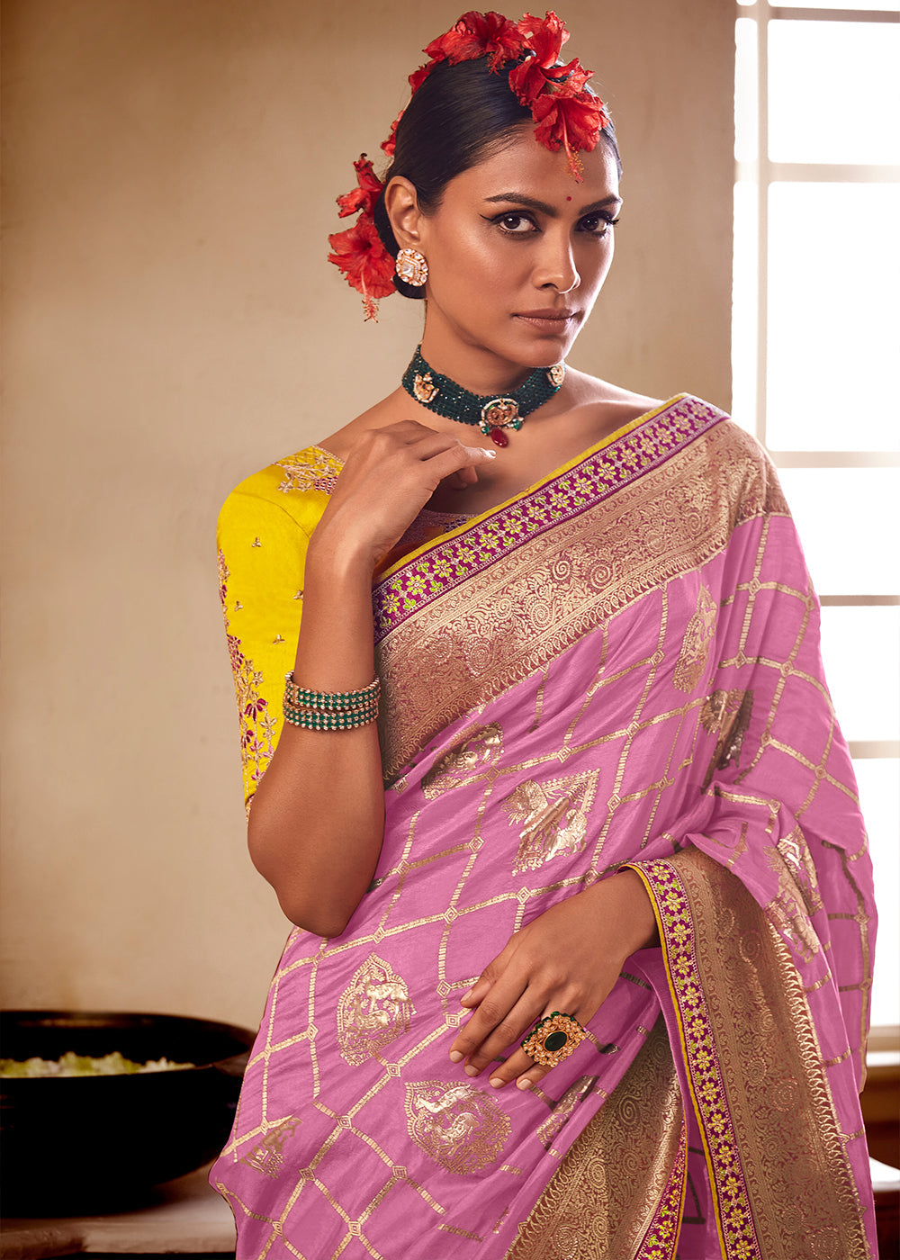 Buy MySilkLove Hopbush Pink and Yellow Banarasi Saree with Designer Blouse Online