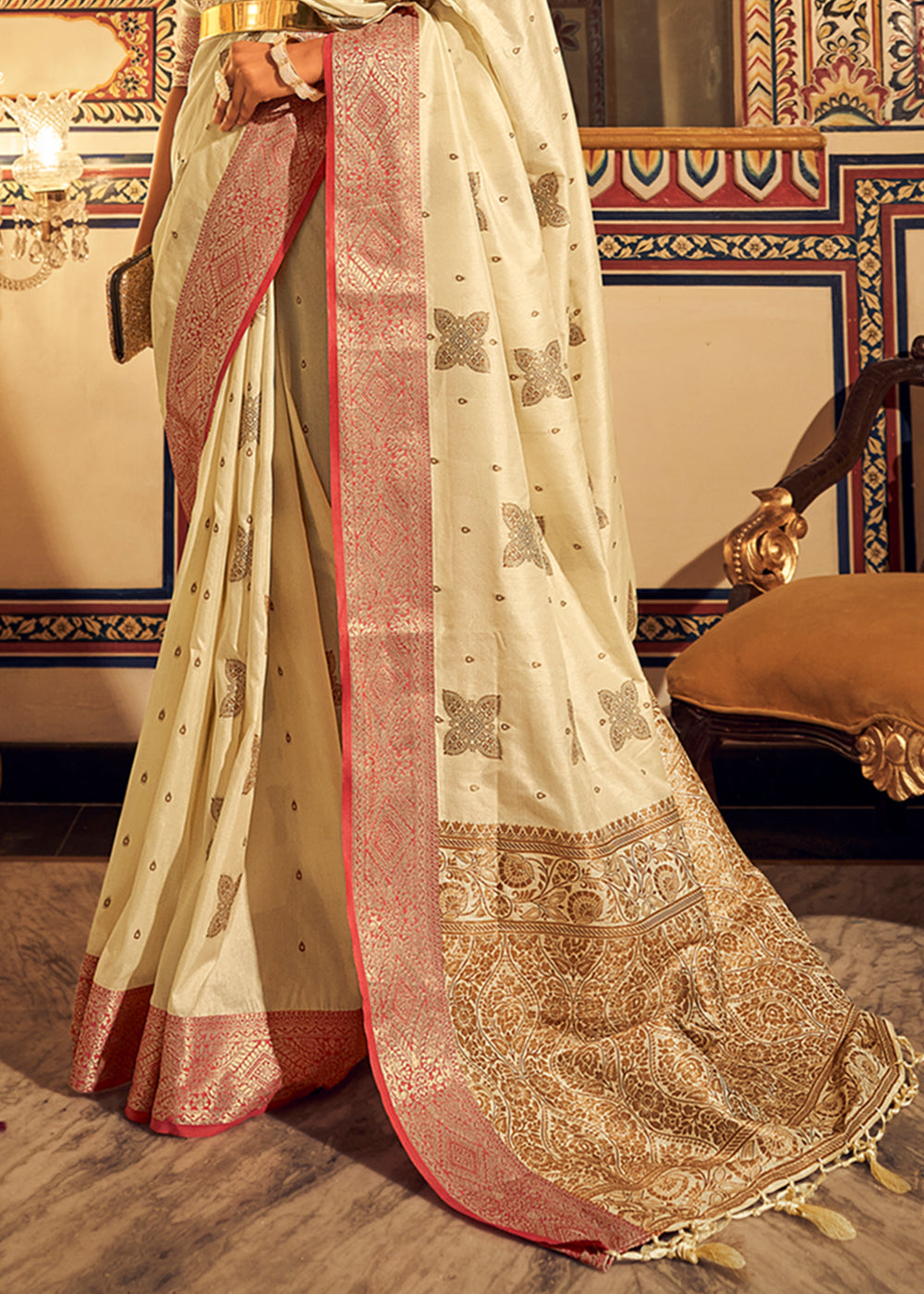 Buy MySilkLove Cape Honey Cream Zari Woven Soft Tussar Silk Saree Online