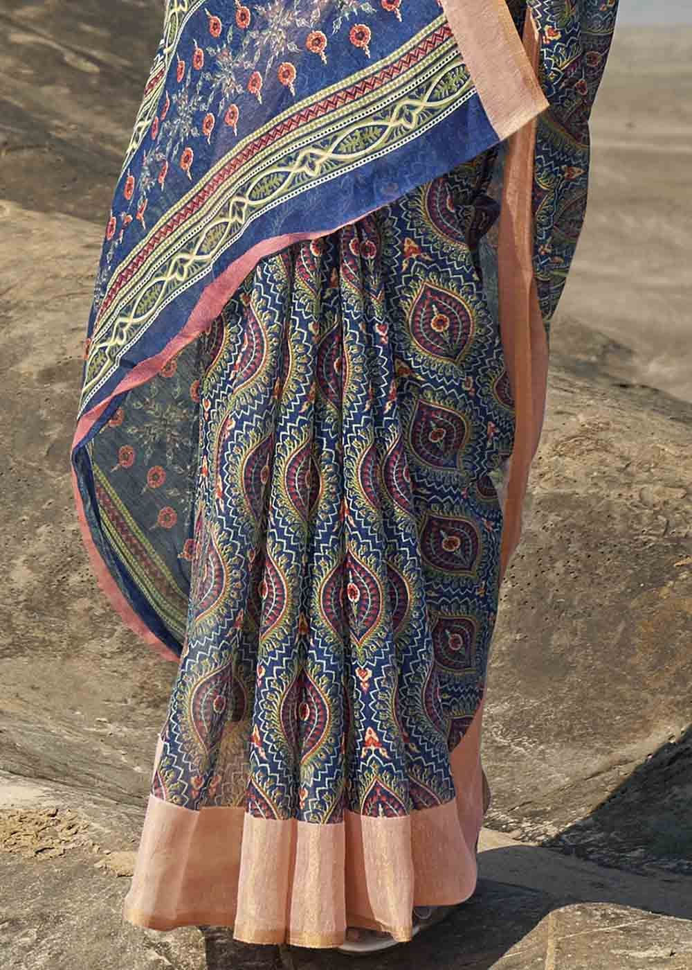 Buy MySilkLove Dolphin Blue and Pink Printed Cotton Saree Online