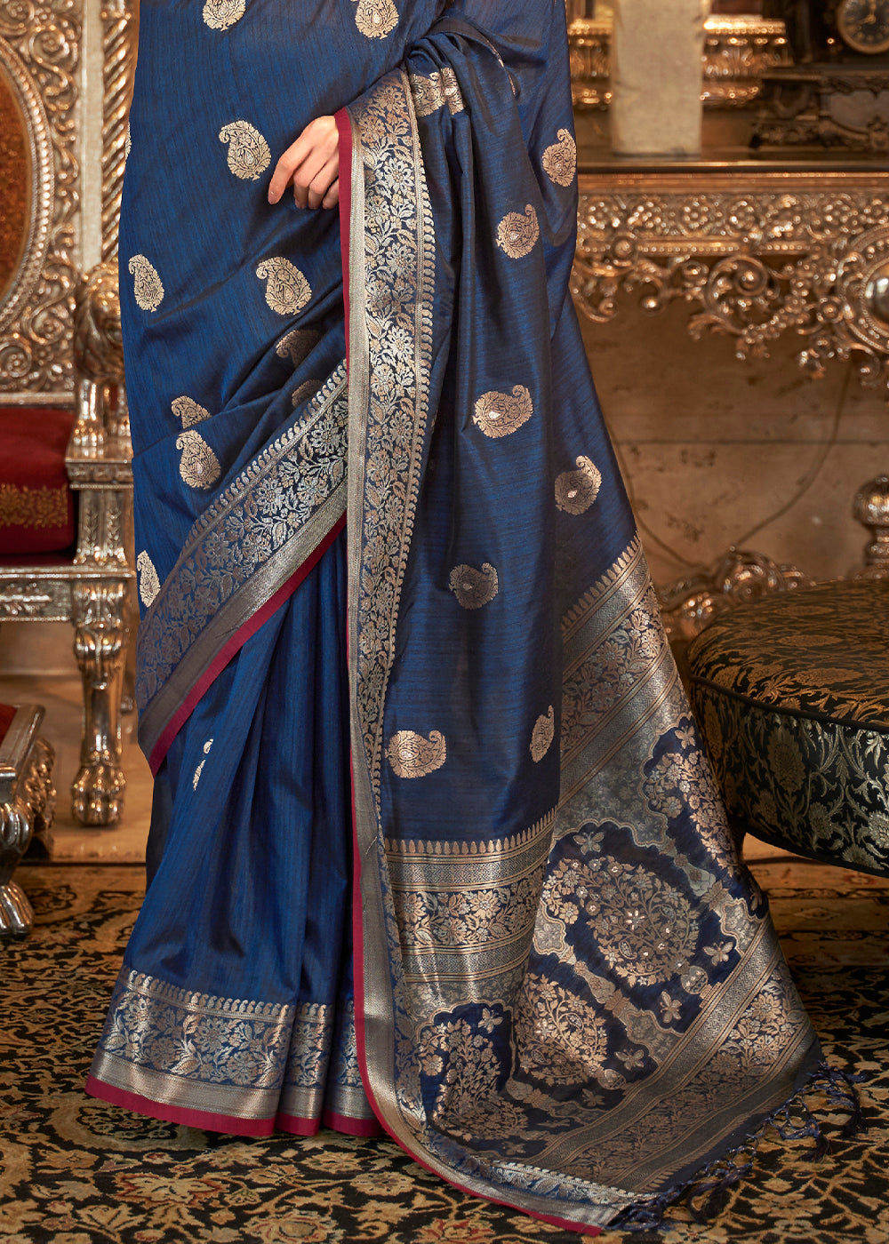 Buy MySilkLove River Bed Blue and Red Zari Woven Tussar Saree Online