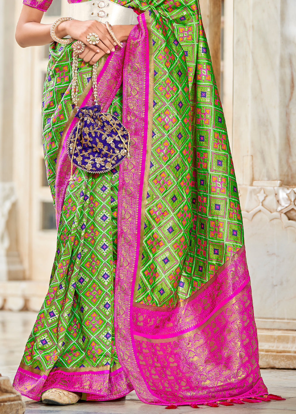 Buy MySilkLove Sushi Green and Pink Zari Woven Patola Saree Online