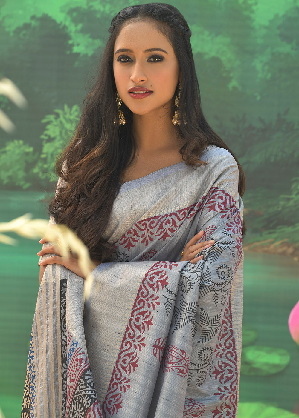 Buy MySilkLove Star Grey Cotton Silk Printed Saree Online