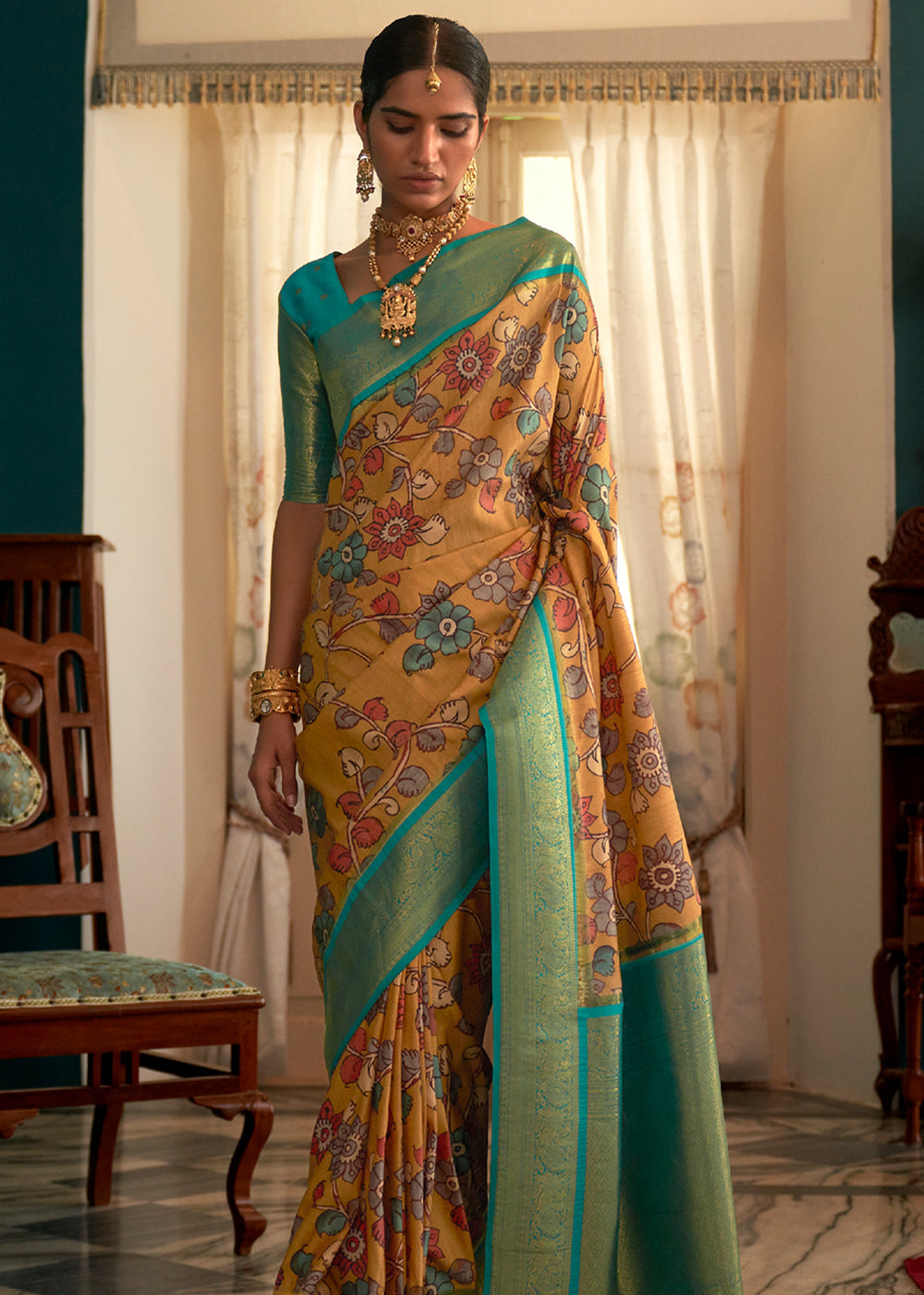 Buy MySilkLove Brulee Yellow Woven Banarasi Tussar Silk Kalamkari Saree Online