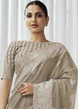 Crocodile Grey Chikankari Linen Saree