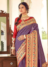 Razzmic Purple and Red Zari Woven Banarasi Brocade Saree