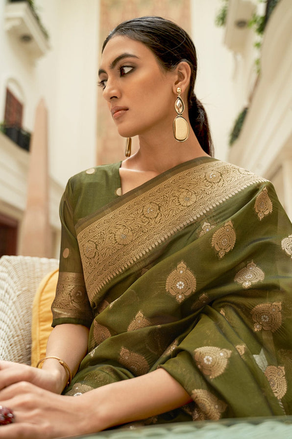 Buy MySilkLove Yellow Metal Green Zari Woven Organza Silk Saree Online