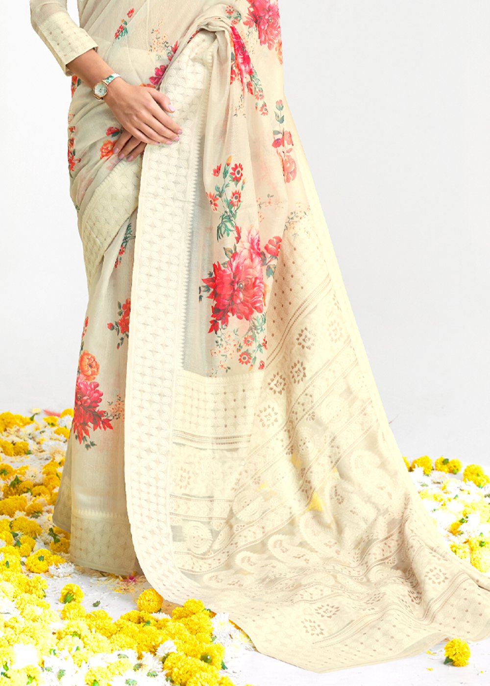 Buy MySilkLove Bone White Zari Woven Digital Printed Linen Saree Online