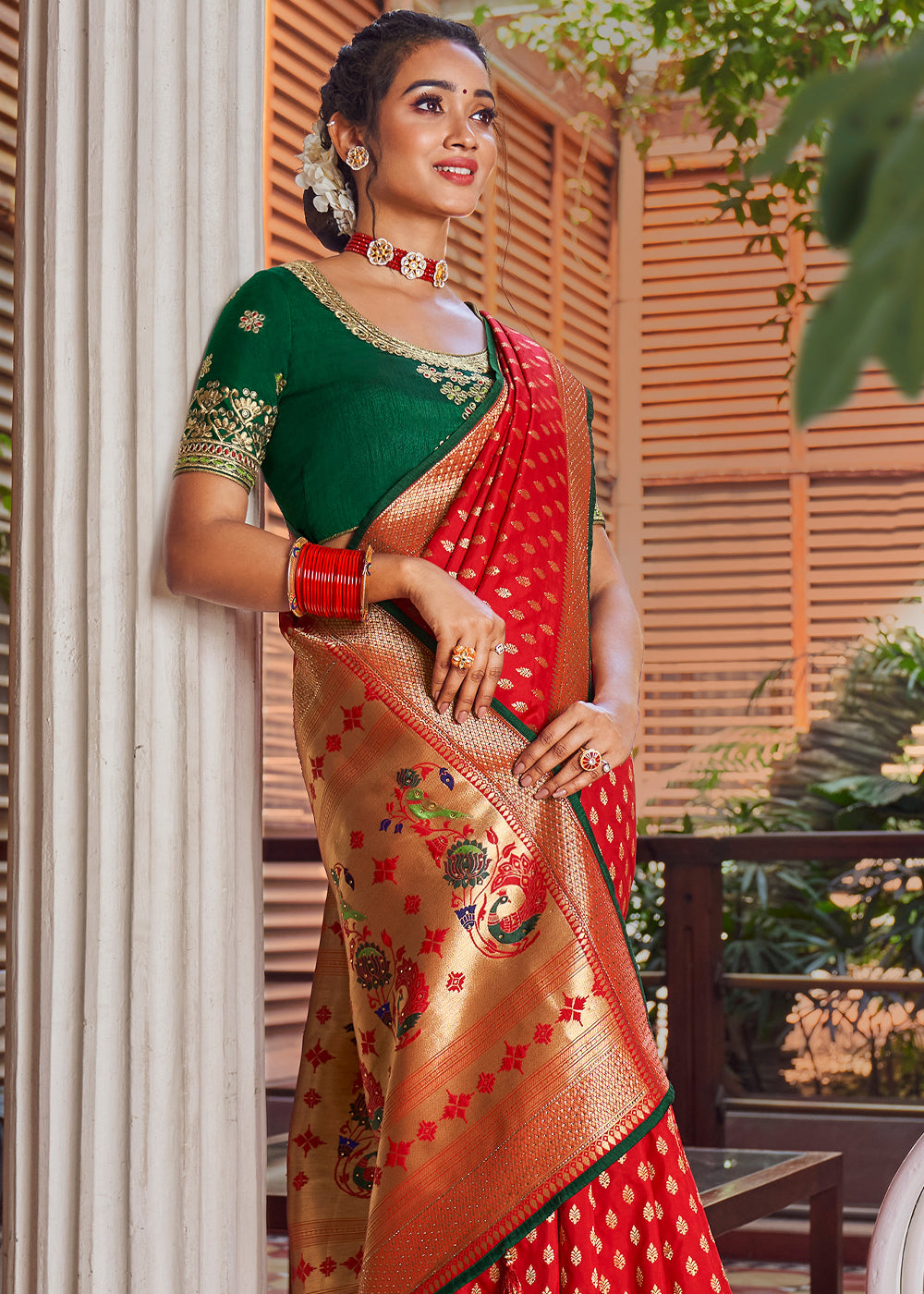 Buy MySilkLove Tomato Red and Green Zari Woven Banarasi Brocade Saree Online