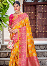 Yellow Orange Zari Woven Designer Banarasi Saree