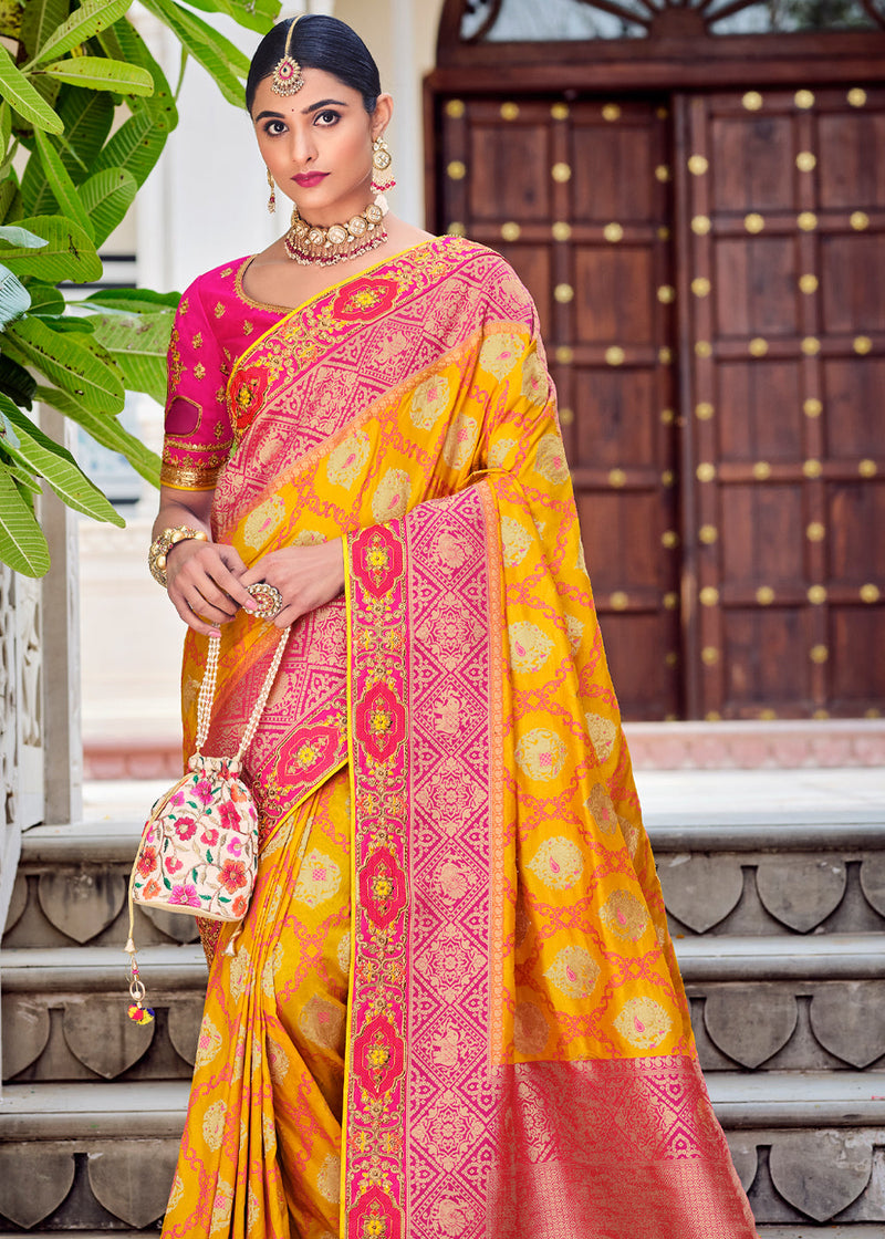 Yellow Orange Zari Woven Designer Banarasi Saree