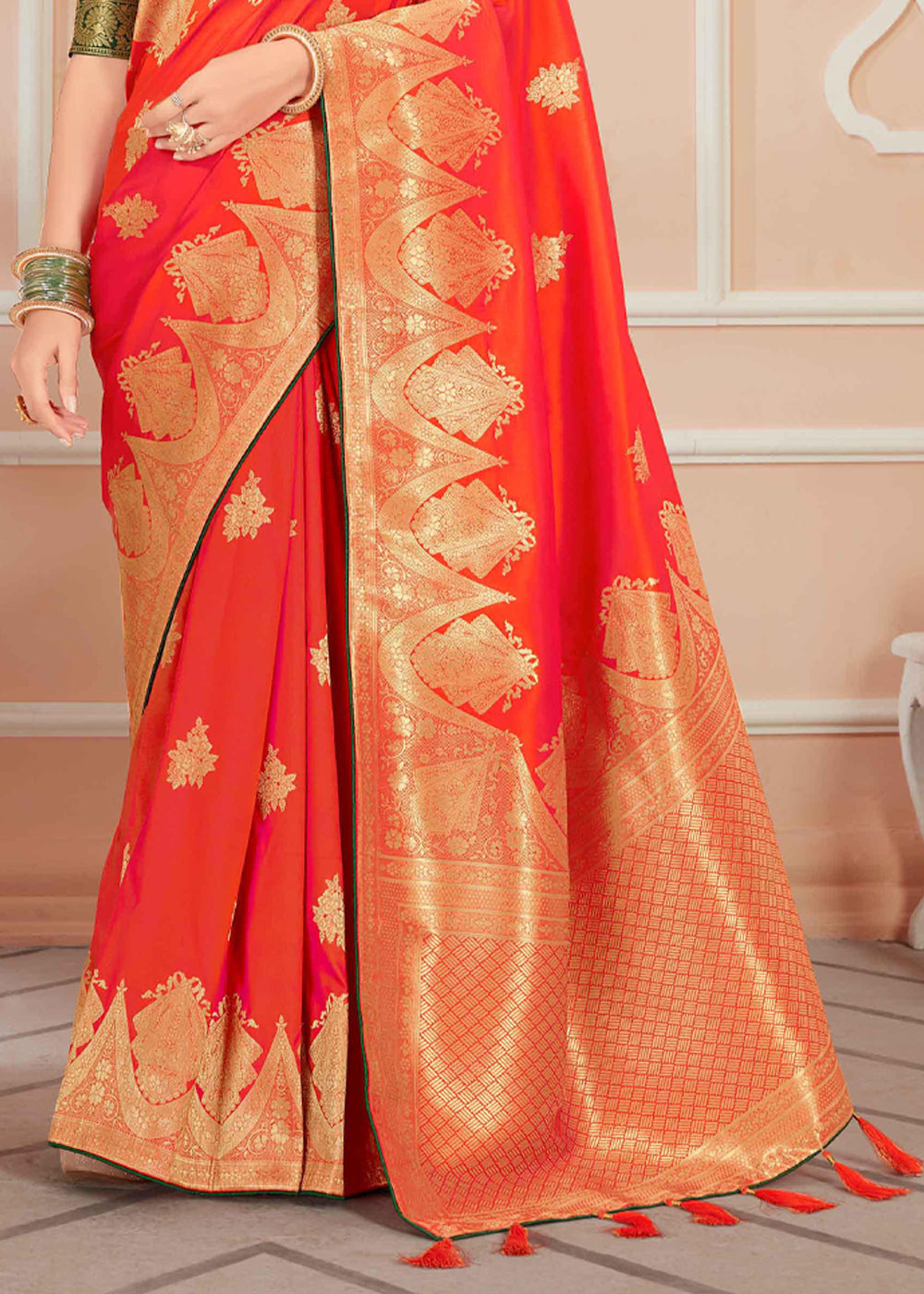 Buy MySilkLove Cinnabar Dark Orange Zari Woven Banarasi Silk Saree Online