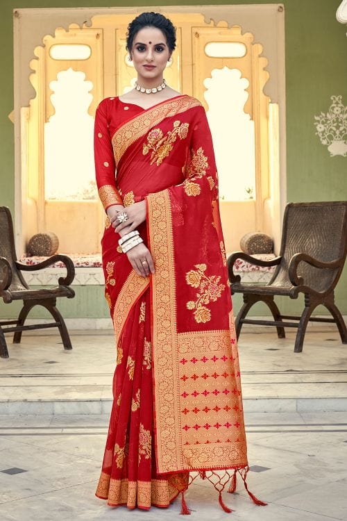 Buy MySilkLove Mahogany Red Organza Saree Online