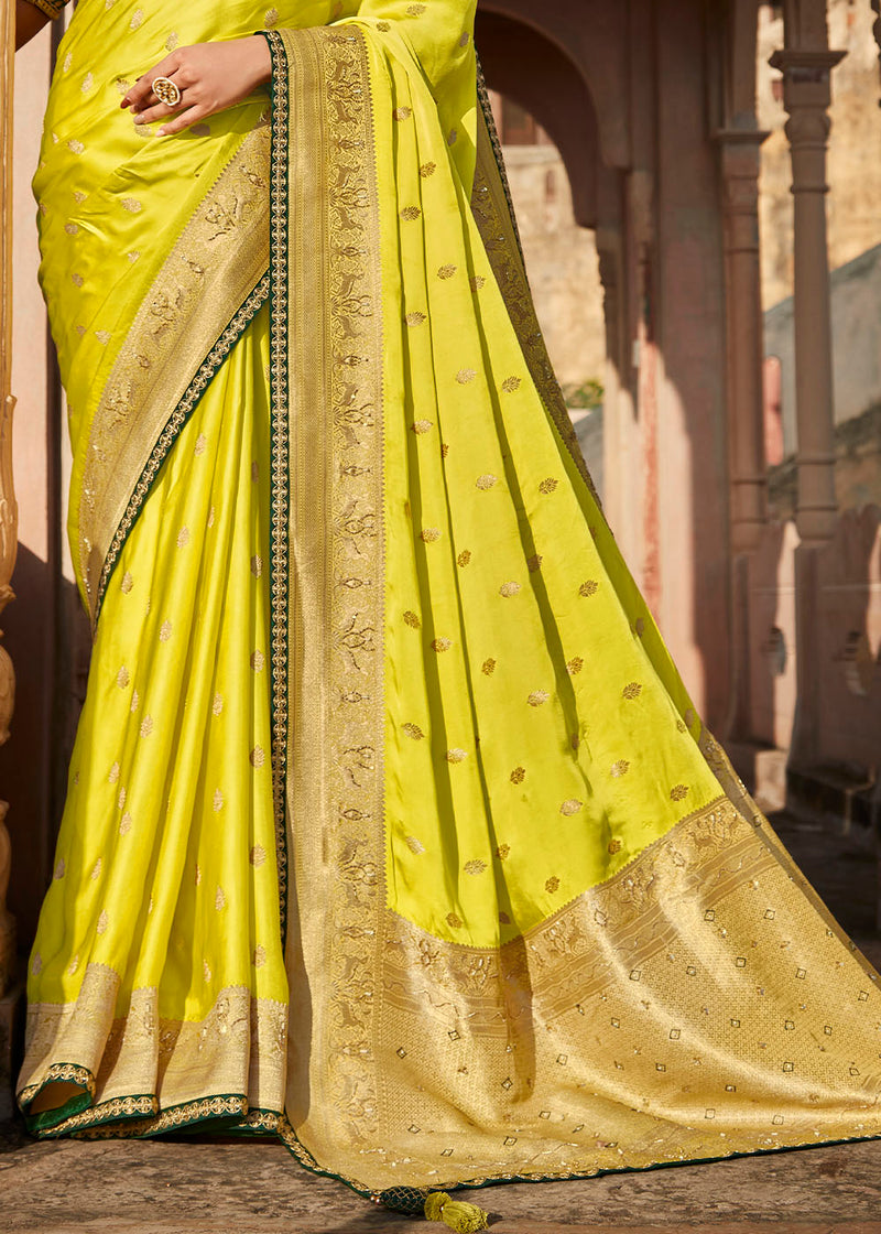 Sunflower Green Zari Woven Banarasi Silk Saree with Embroidered Blouse