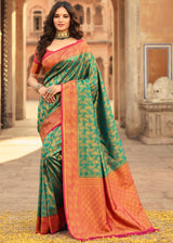 Viridian Green and Red Zari Woven Kanjivaram Saree