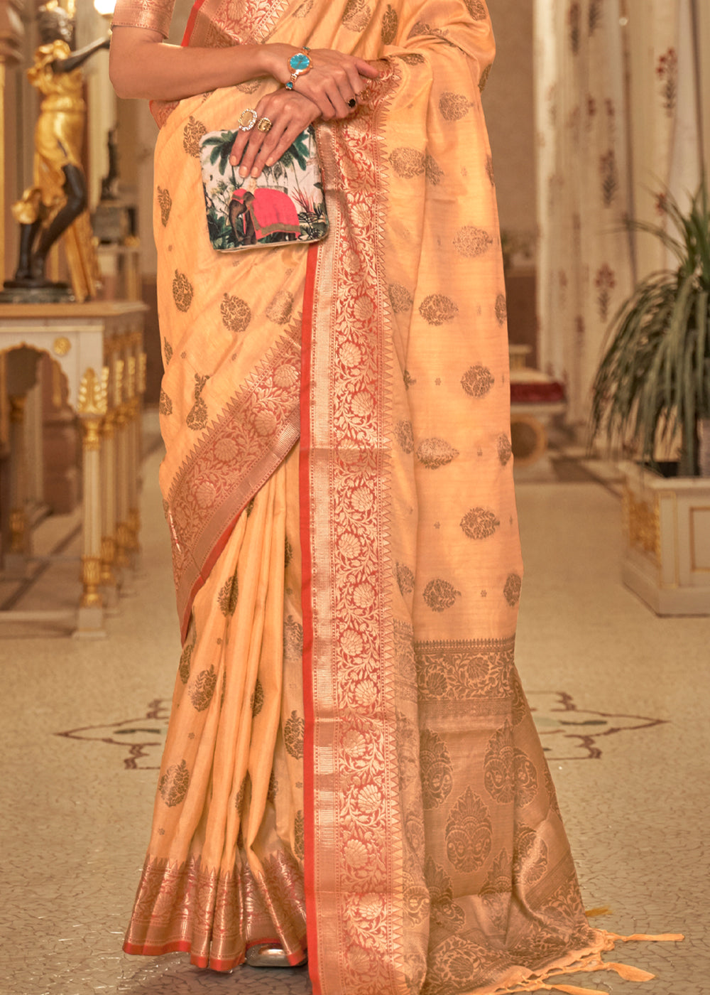 Buy MySilkLove Cheese Orange Zari Woven Banarasi Linen Saree Online