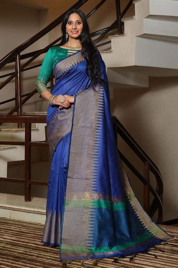 Bay Of Many Blue Tussar Silk Saree