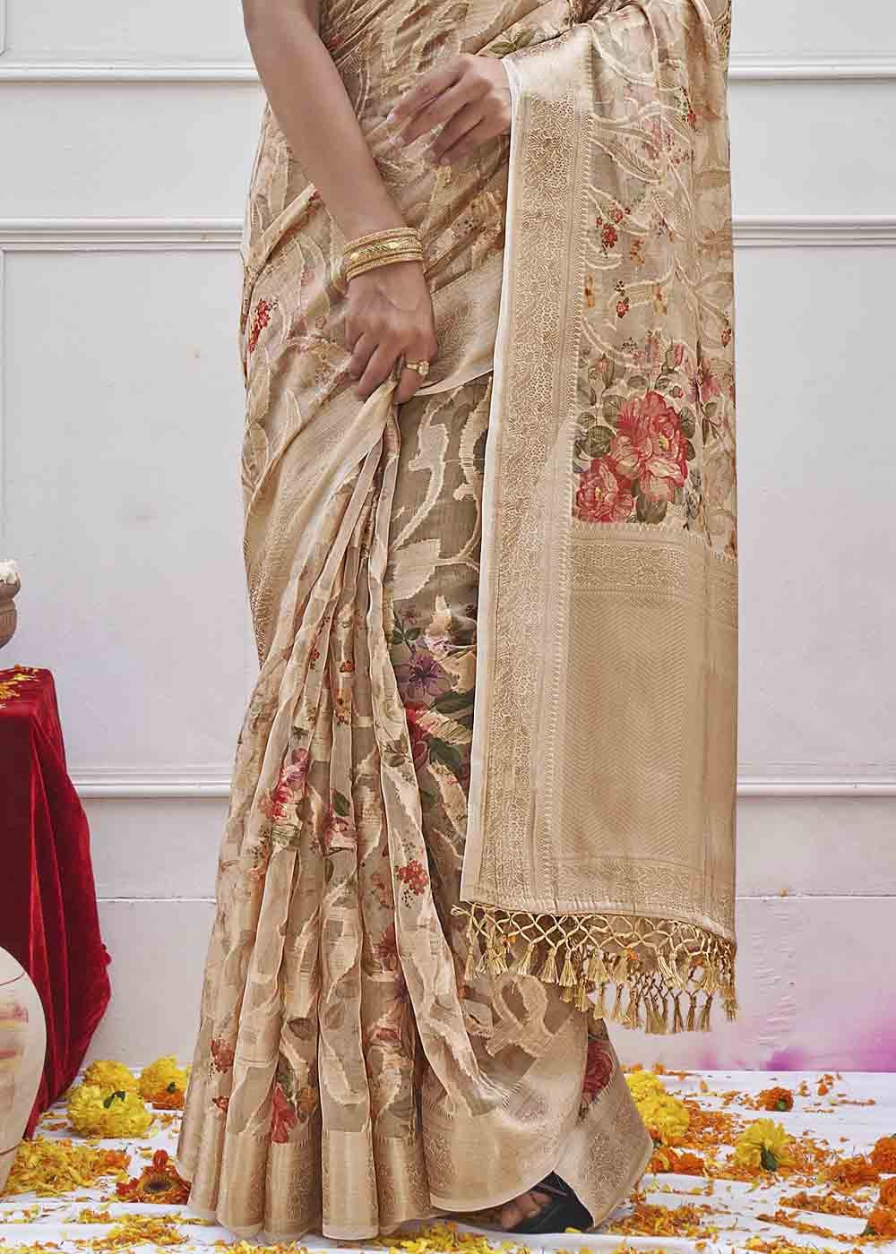 Buy MySilkLove Sandrift Brown Digital Printed Organza Silk Saree Online