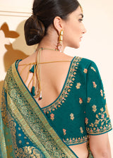Patina Green and Blue Woven Designer Banarasi Silk Saree